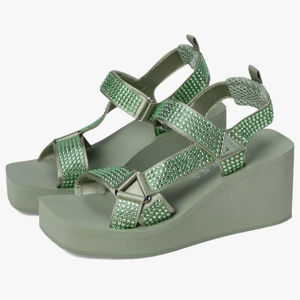 Guess Dawsin Square Toe Rhinestone Wedge Sandals